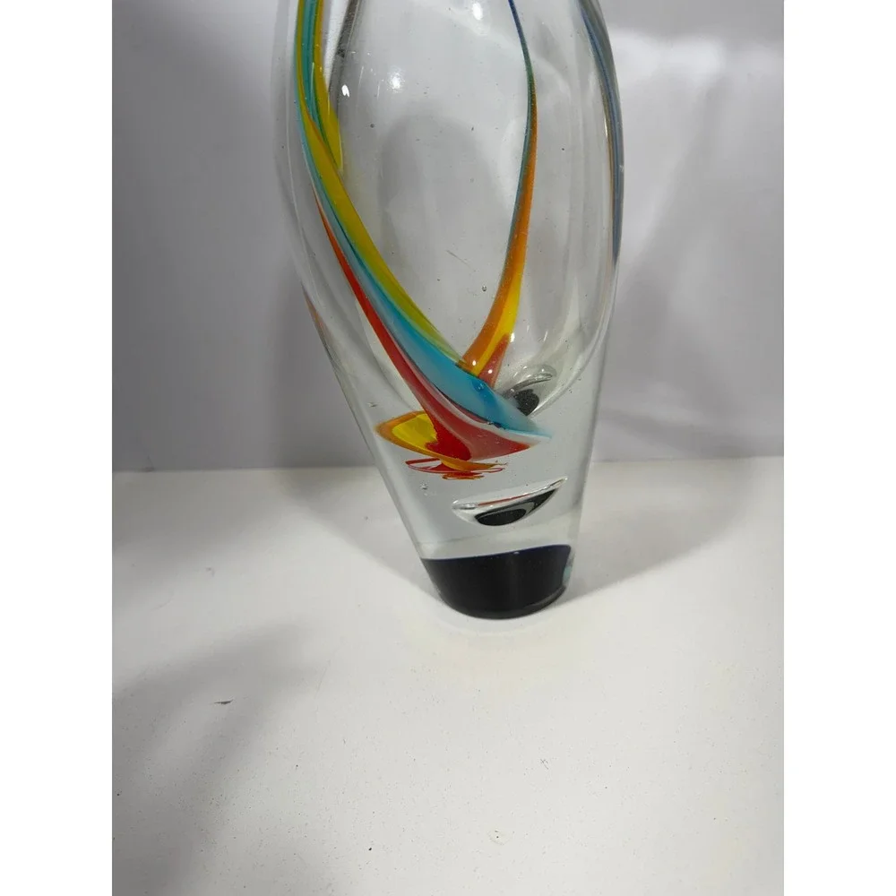 Murano Art Glass Bud Vase Sommerso Style Ribbon Swirl Blue Red Yellow VERY heavy